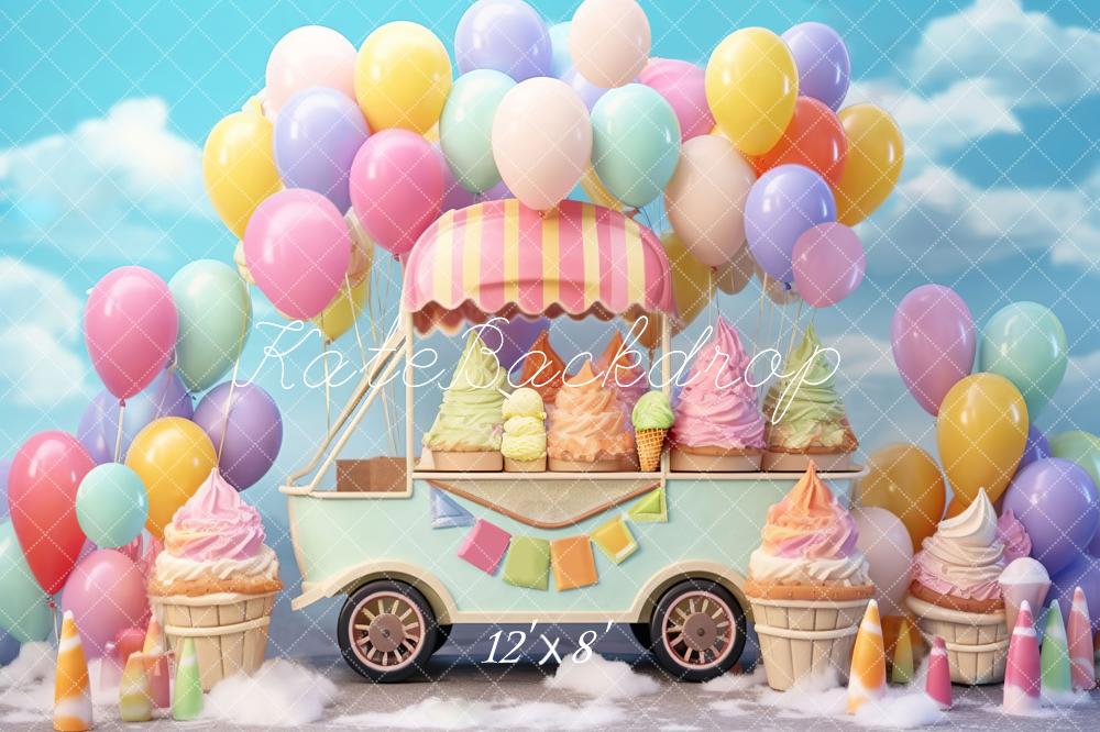 Kate Summer Sweet Ice Cream Car Cake Smash Balloon Sky Fleece Backdrop Designed by Chain Photography - Image 8