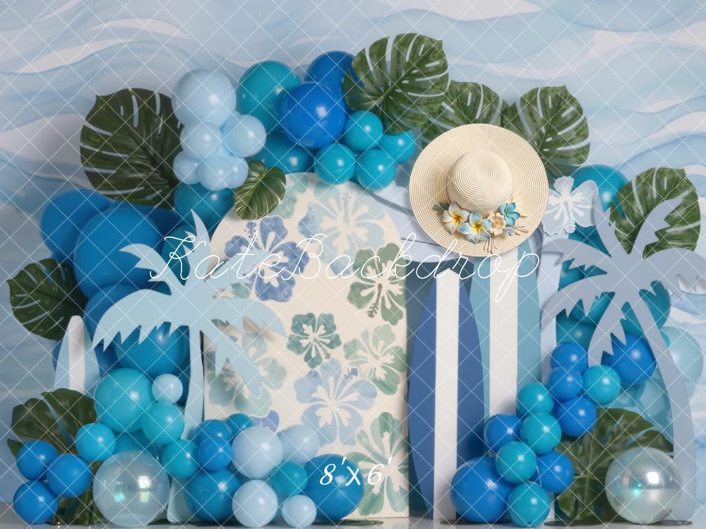 Kate Summer Palm Leaves Blue Balloons Surfboard Backdrop Designed by Emetselch - Image 3