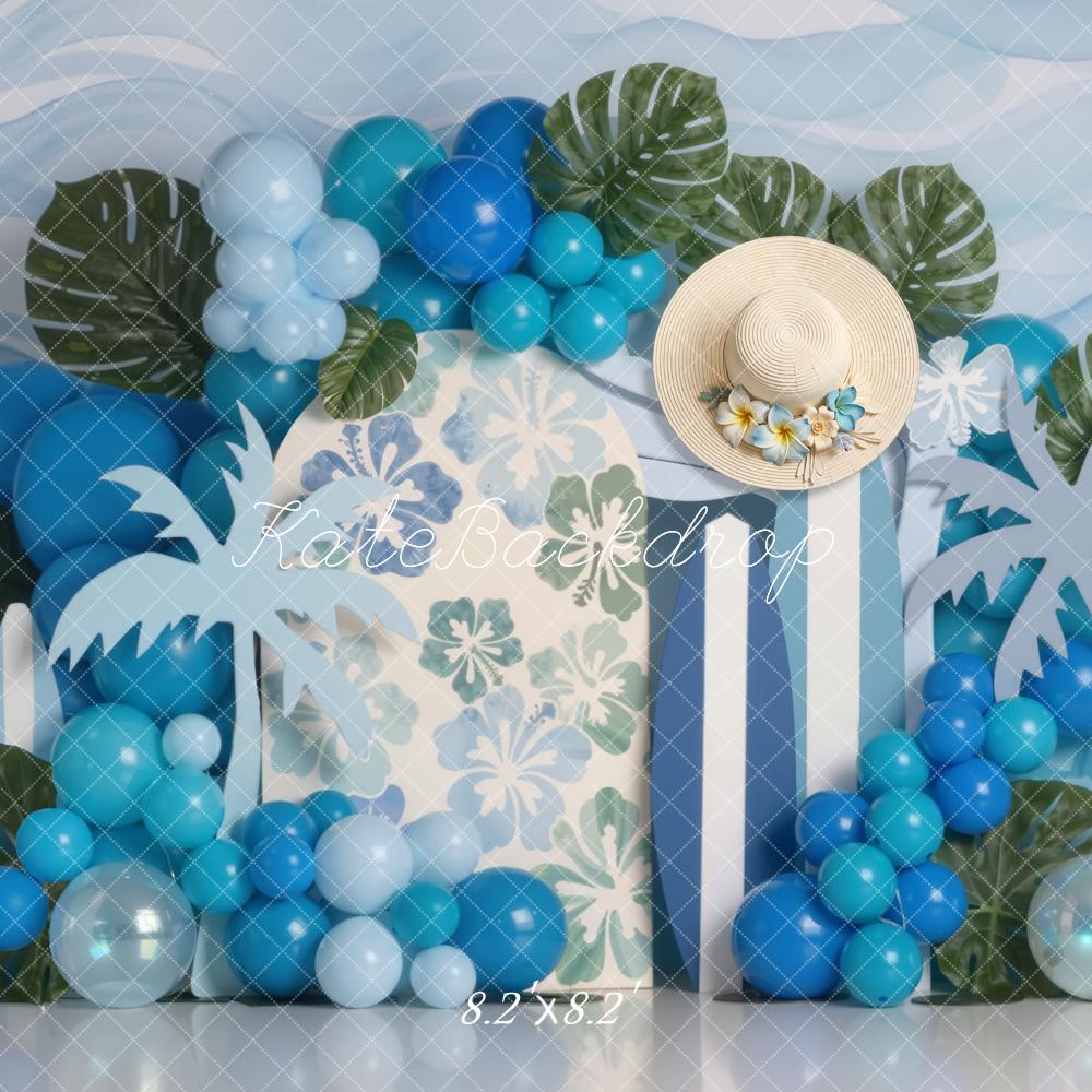 Kate Summer Palm Leaves Blue Balloons Surfboard Backdrop Designed by Emetselch - Image 5