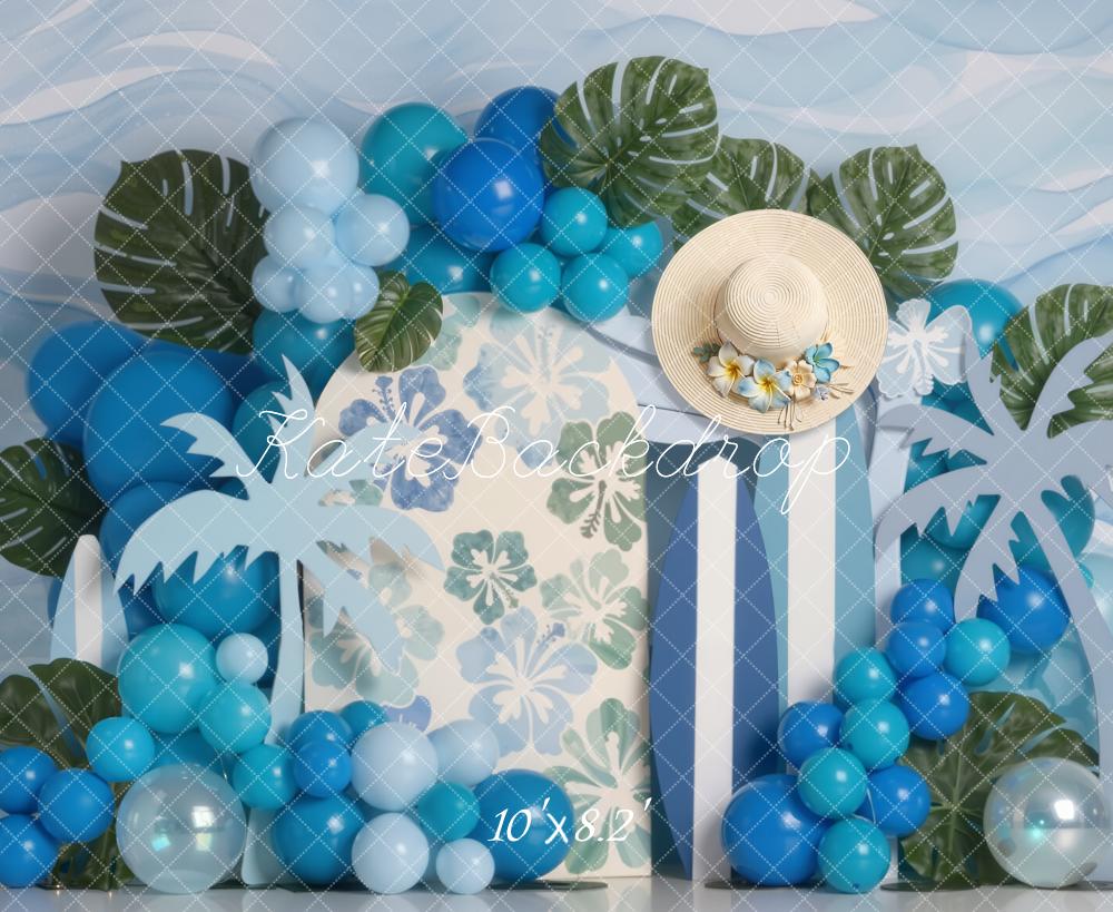 Kate Summer Palm Leaves Blue Balloons Surfboard Backdrop Designed by Emetselch - Image 6