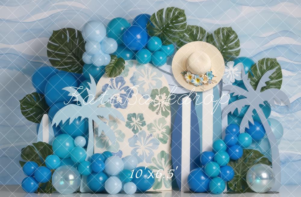 Kate Summer Palm Leaves Surfboards Balloons Fleece Backdrop Designed by Emetselch - Image 2