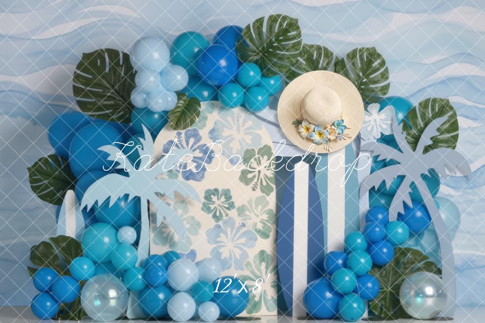 Kate Summer Palm Leaves Surfboards Balloons Fleece Backdrop Designed by Emetselch - Image 4