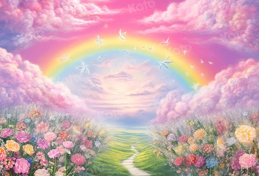 Kate Spring/Summer Pink Flower Field Rainbow Backdrop Designed by Emetselch - Image 2