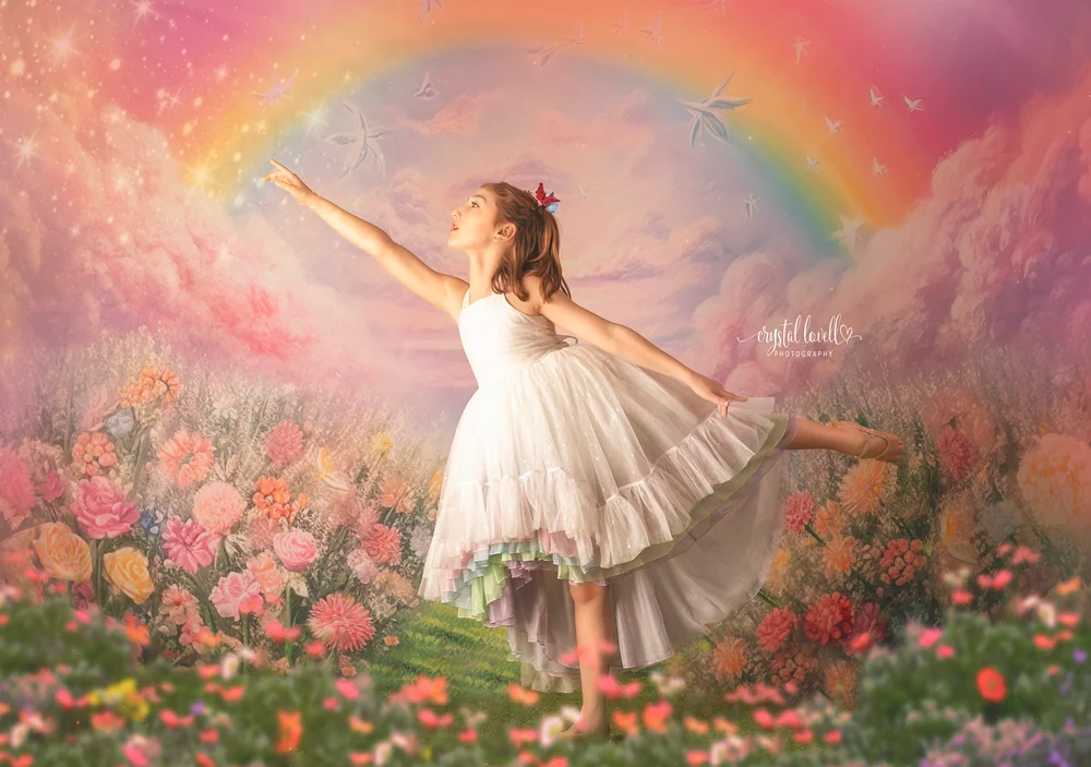 Kate Spring/Summer Pink Flower Field Rainbow Backdrop Designed by Emetselch - Image 3