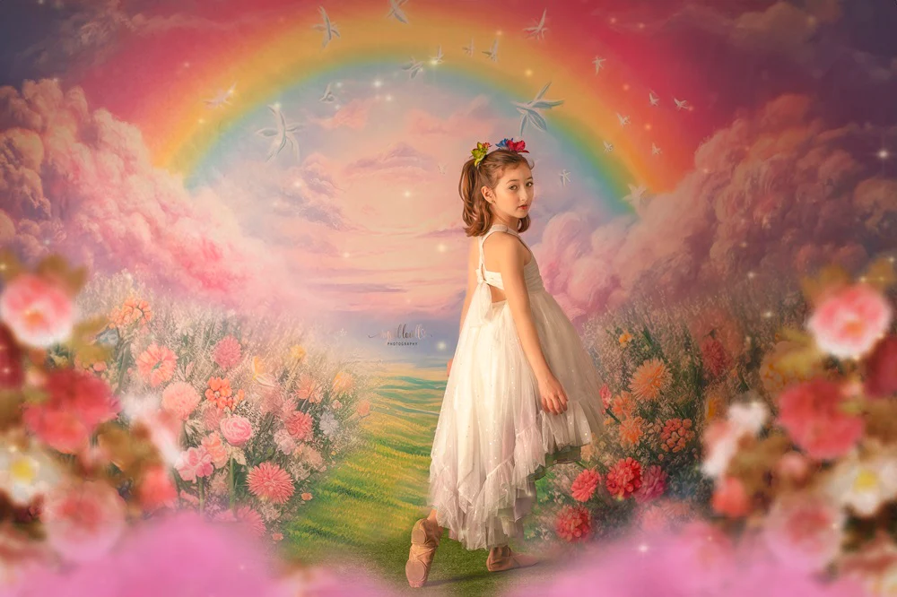 Kate Spring/Summer Pink Flower Field Rainbow Backdrop Designed by Emetselch - Image 4