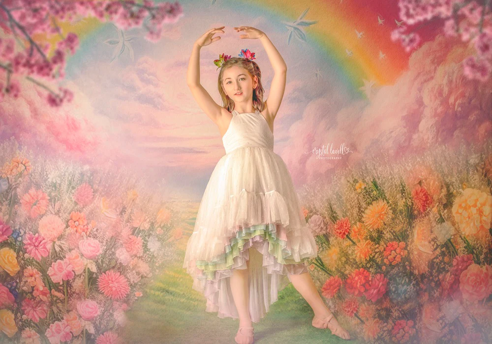 Kate Spring/Summer Pink Flower Field Rainbow Backdrop Designed by Emetselch - Image 6