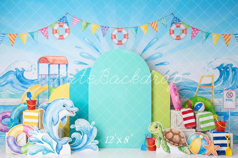 Kate Summer Pool Party Waves Lifebuoy Dolphin Fleece Backdrop Designed by Patty Robert - Image 4