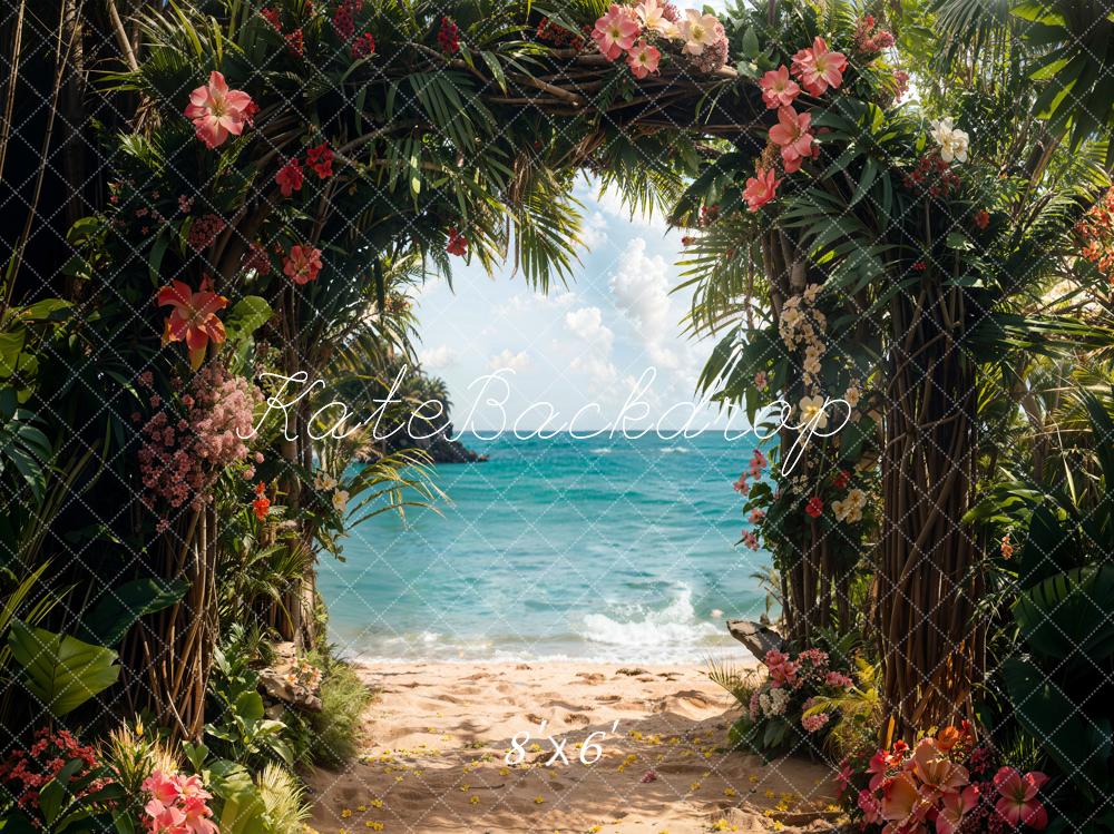 Kate Summer Sea Beach Green Plant Arch Backdrop Designed by Emetselch - Image 3