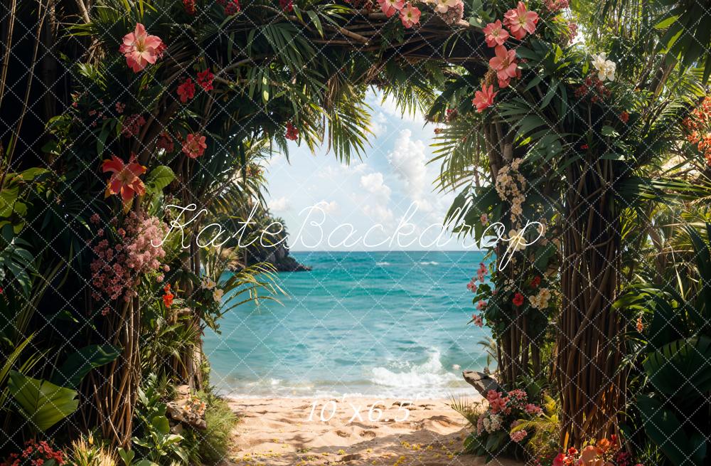 Kate Summer Sea Beach Green Plant Arch Backdrop Designed by Emetselch - Image 4