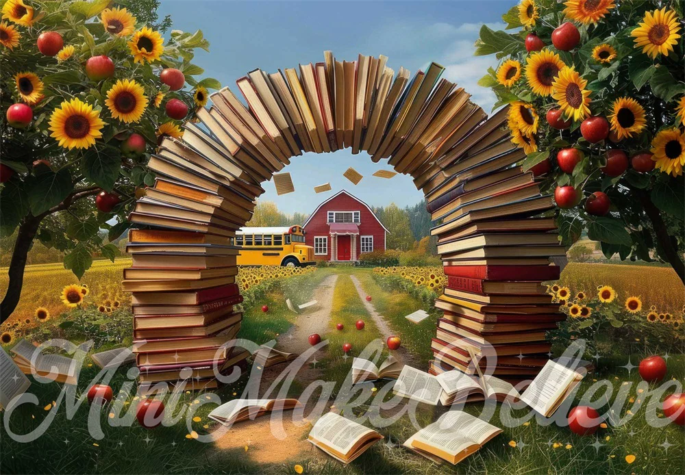 Kate Summer Sunflower Apple Red House Book Arch Backdrop Designed by Mini MakeBelieve - Image 2