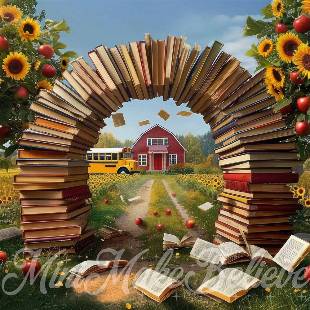 Kate Summer Sunflower Apple Red House Book Arch Backdrop Designed by Mini MakeBelieve - Image 3