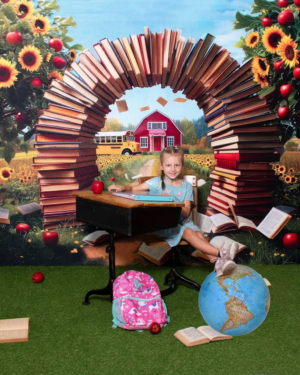Kate Summer Sunflower Apple Red House Book Arch Backdrop Designed by Mini MakeBelieve - Image 4