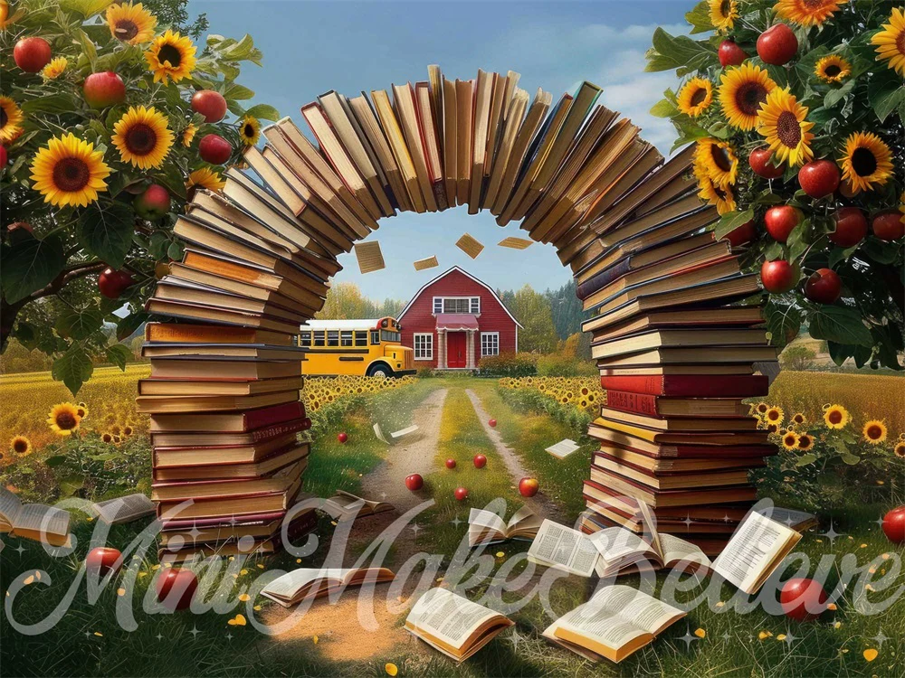 Kate Summer Sunflower Apple Red House Book Arch Backdrop Designed by Mini MakeBelieve - Image 5