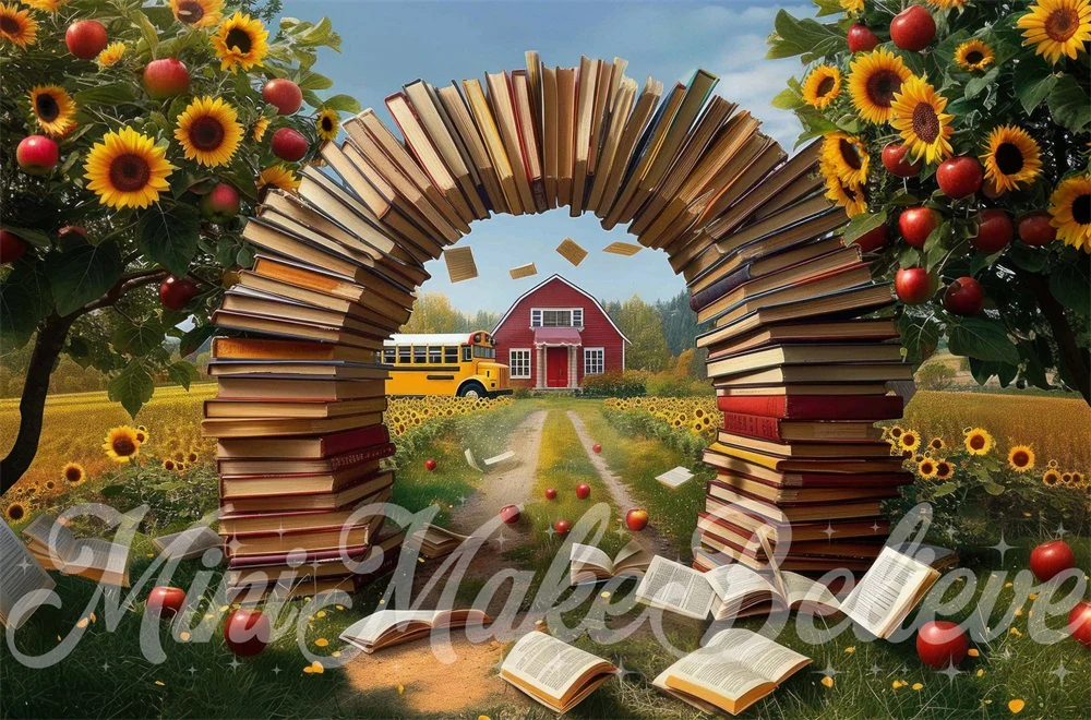 Kate Summer Sunflower Apple Red House Book Arch Backdrop Designed by Mini MakeBelieve - Image 6