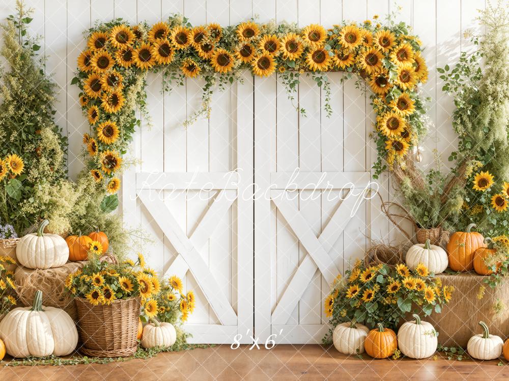 Kate Sunflower Arch Pumpkins White Barn Backdrop Designed by Emetselch - Image 3