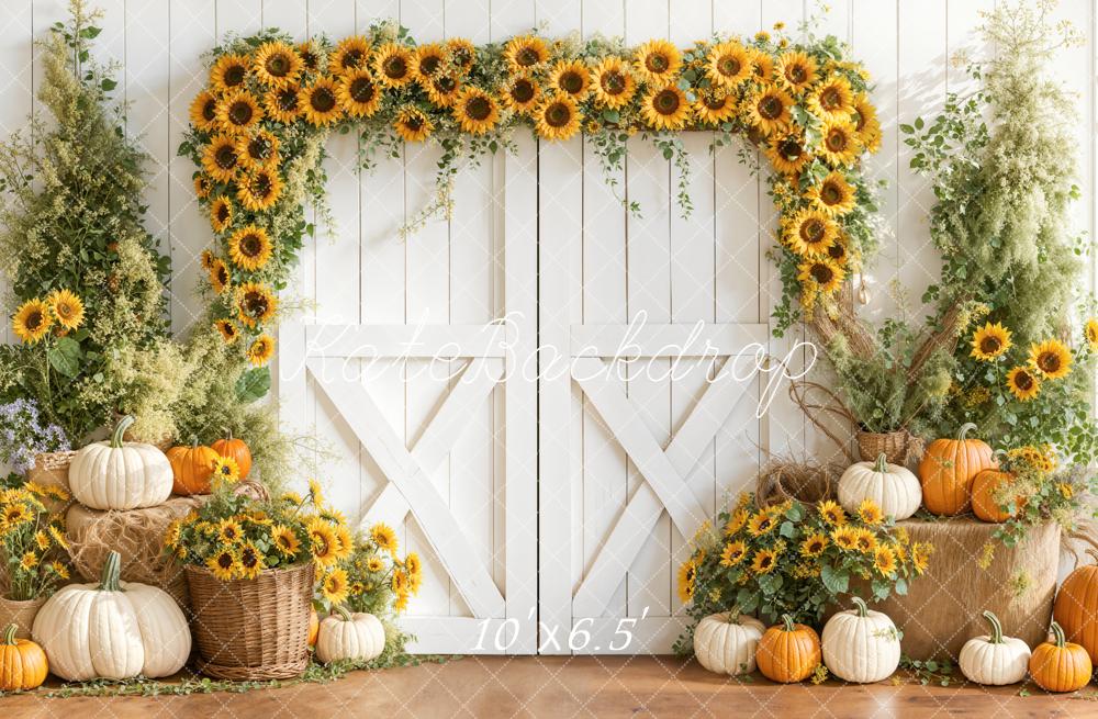 Kate Sunflower Arch Pumpkins White Barn Backdrop Designed by Emetselch - Image 4