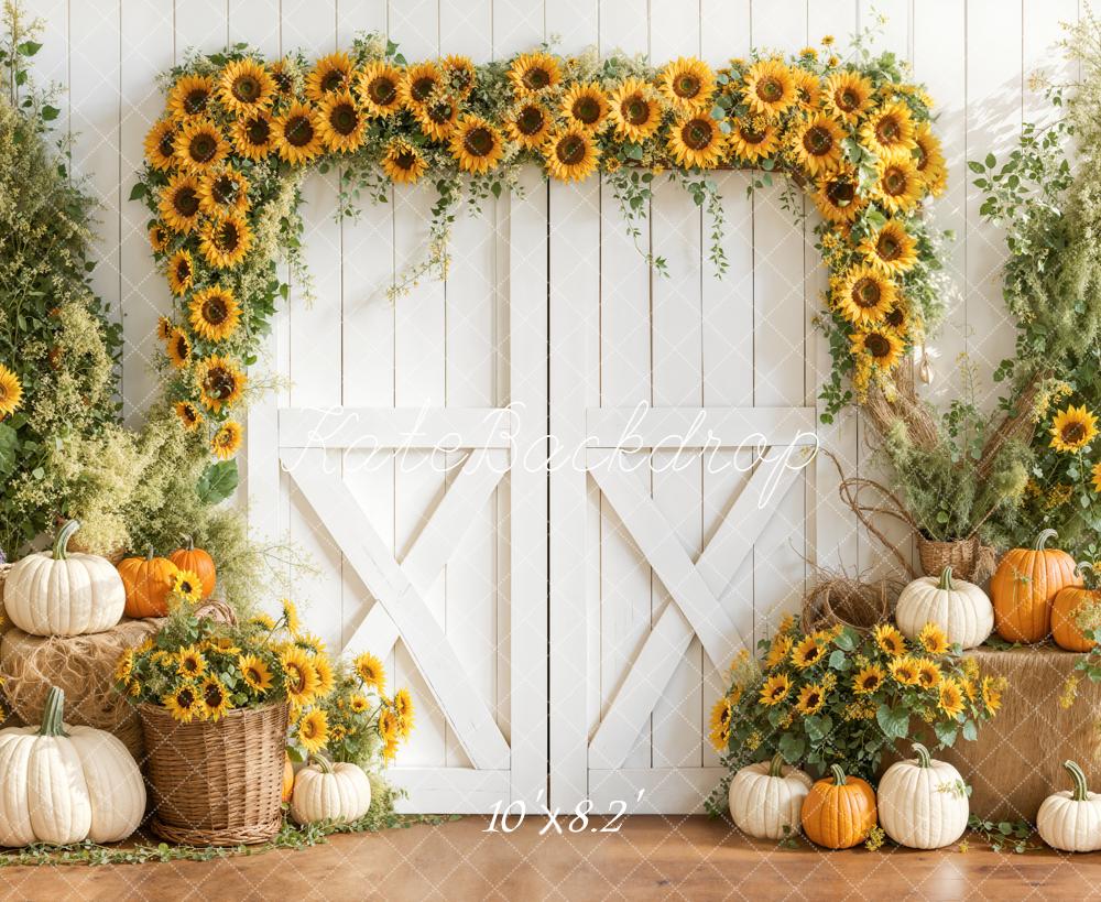 Kate Sunflower Arch Pumpkins White Barn Backdrop Designed by Emetselch - Image 6