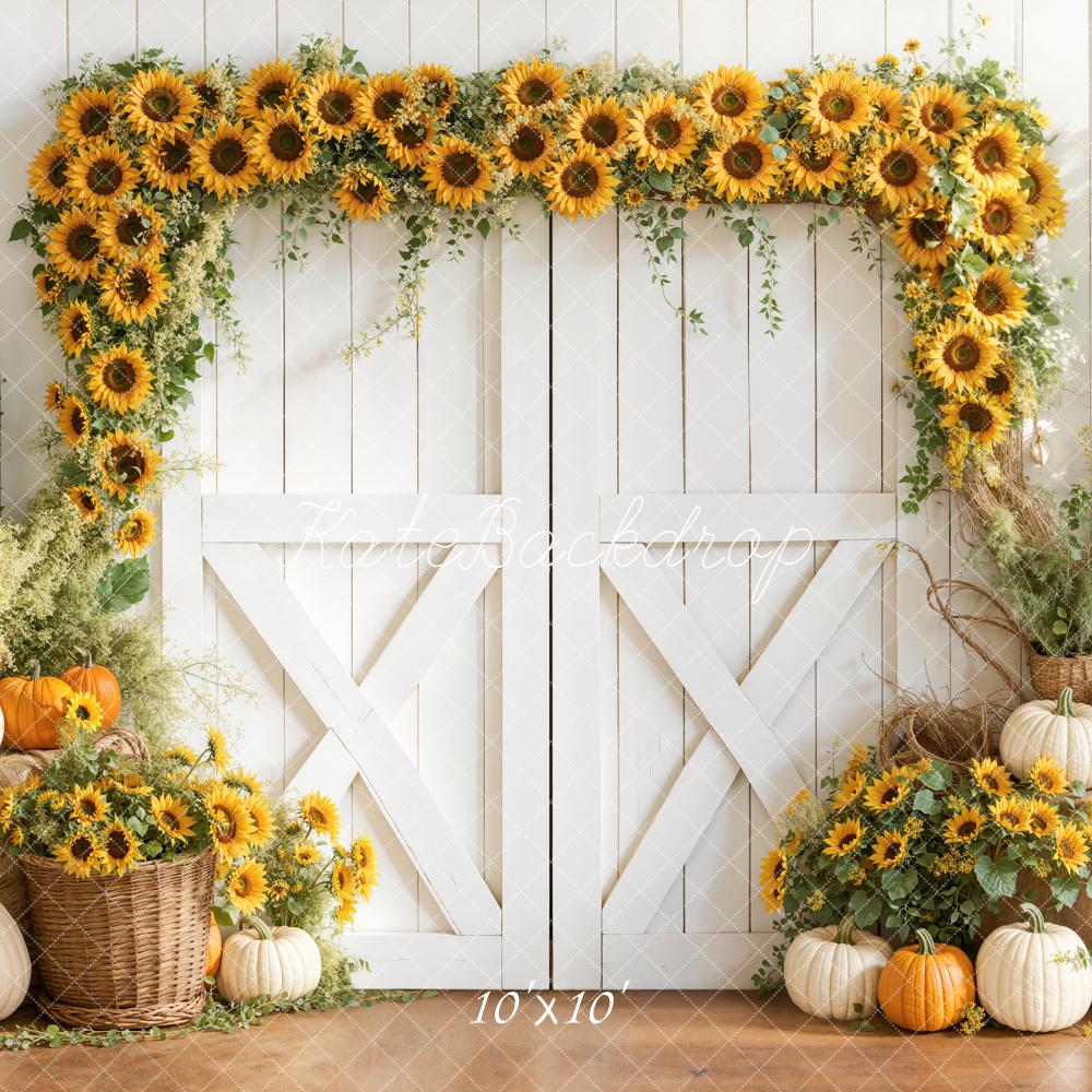 Kate Sunflower Arch Pumpkins White Barn Backdrop Designed by Emetselch - Image 7