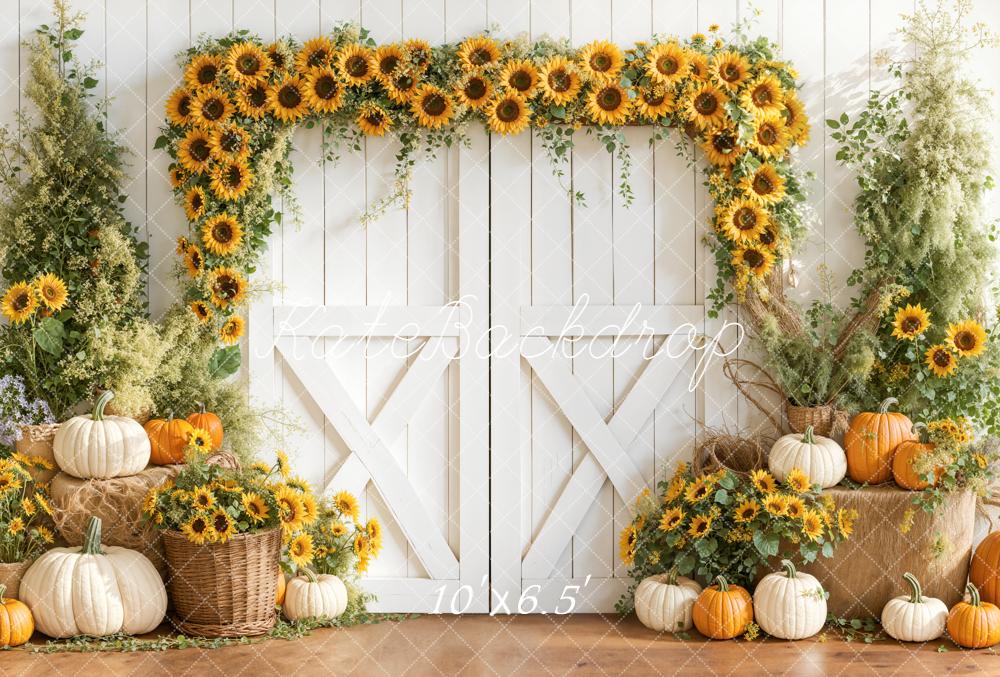 Kate Sunflower Arch Pumpkins White Barn Fleece Backdrop Designed by Emetselch - Image 2