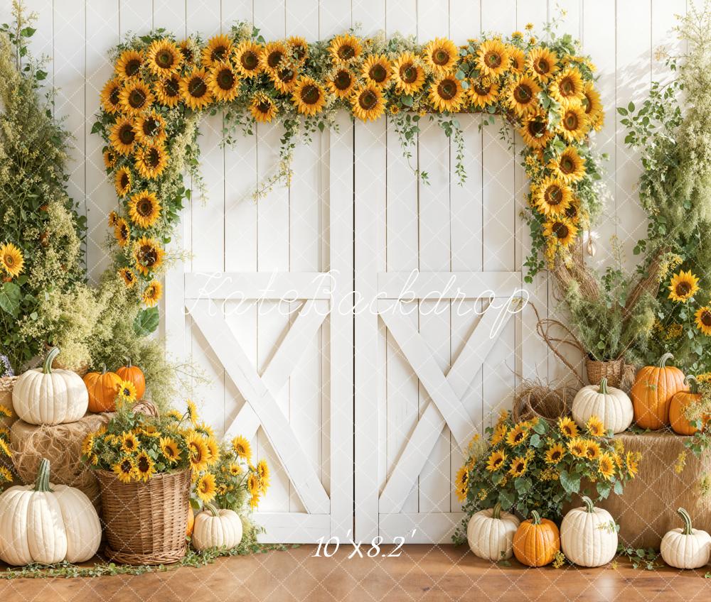 Kate Sunflower Arch Pumpkins White Barn Fleece Backdrop Designed by Emetselch - Image 3