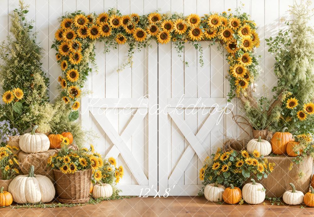 Kate Sunflower Arch Pumpkins White Barn Fleece Backdrop Designed by Emetselch - Image 4