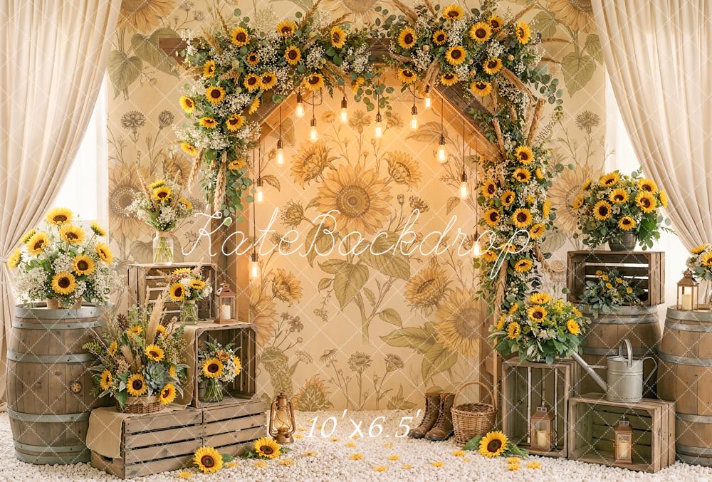 Kate Sunflower Arch Wooden Barrels Vintage Crates Fleece Backdrop Designed by Emetselch - Image 2