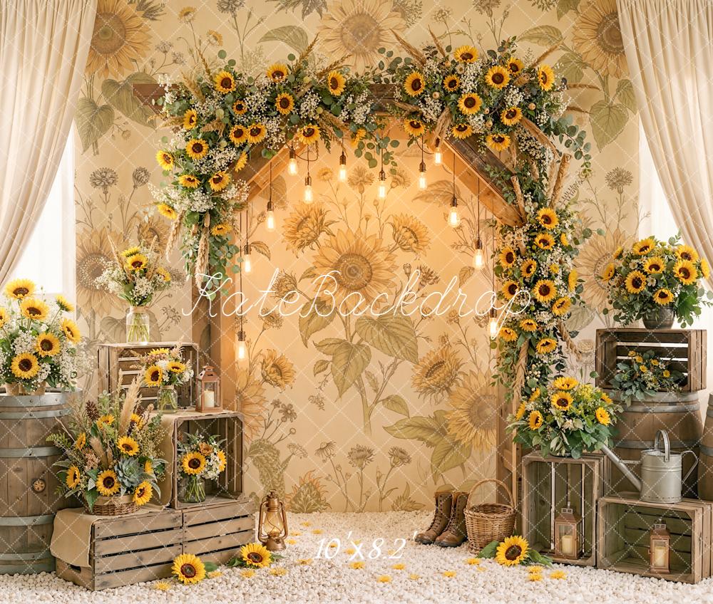 Kate Sunflower Arch Wooden Barrels Vintage Crates Fleece Backdrop Designed by Emetselch - Image 3