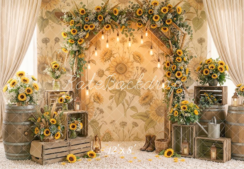 Kate Sunflower Arch Wooden Barrels Vintage Crates Fleece Backdrop Designed by Emetselch - Image 4