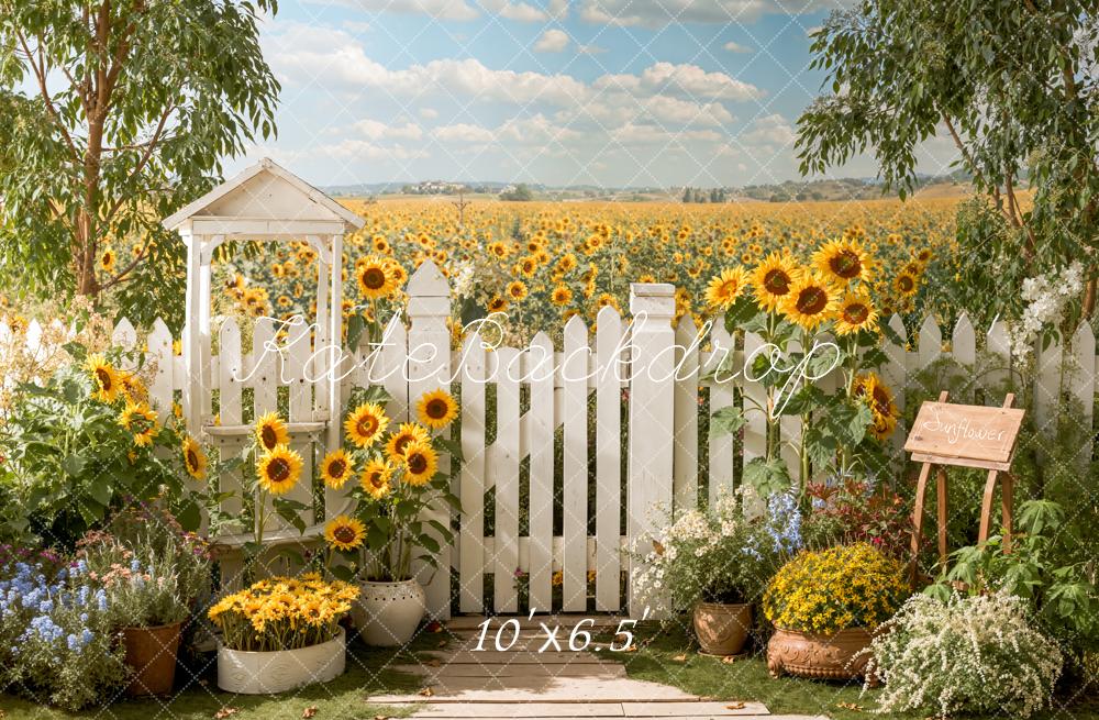 Kate Sunflower Field White Picket Fence Backdrop Designed by Emetselch - Image 4