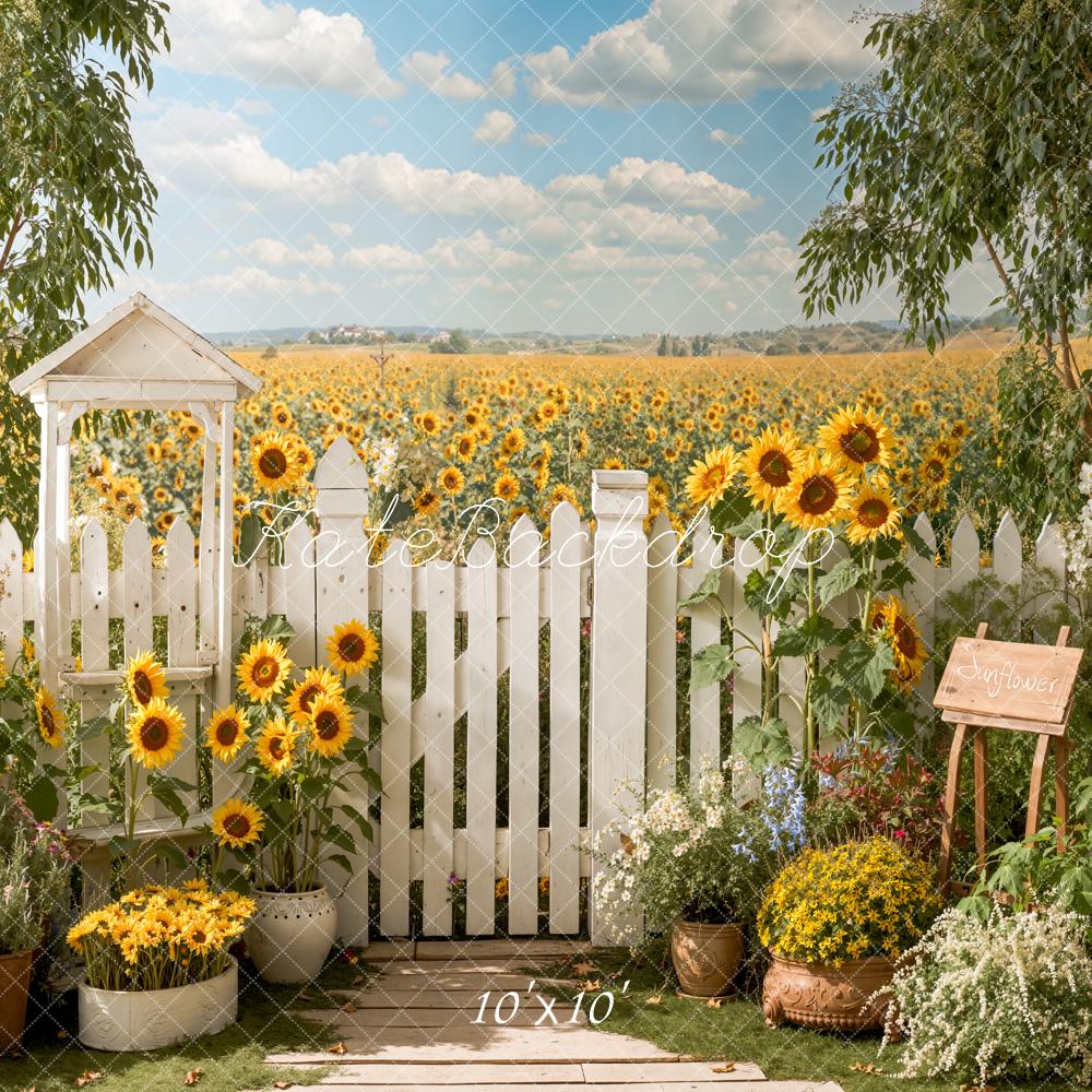 Kate Sunflower Field White Picket Fence Backdrop Designed by Emetselch - Image 7