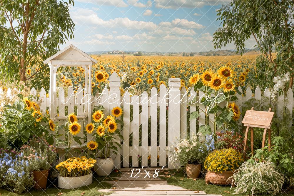 Kate Sunflower Field White Picket Fence Garden Fleece Backdrop Designed by Emetselch - Image 4