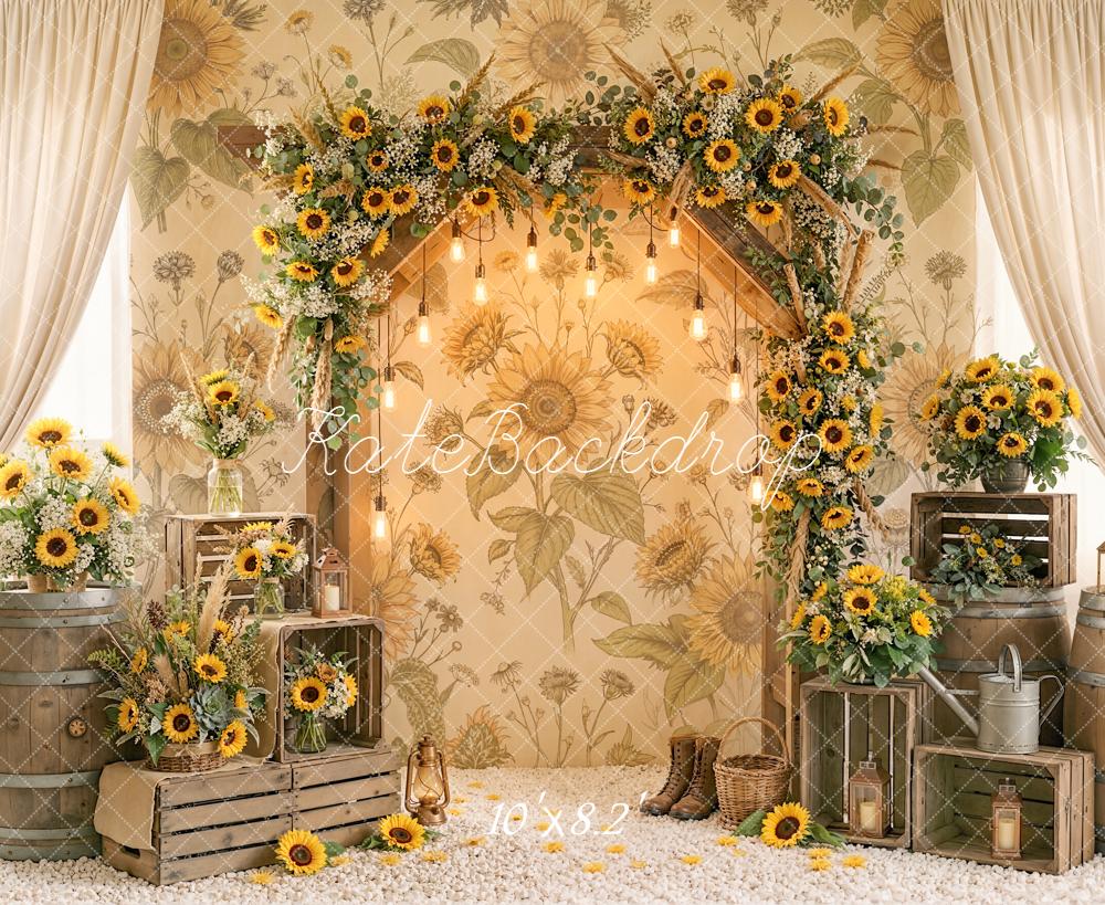 Kate Sunflowers Arch Barrels Rustic Backdrop Designed by Emetselch - Image 6
