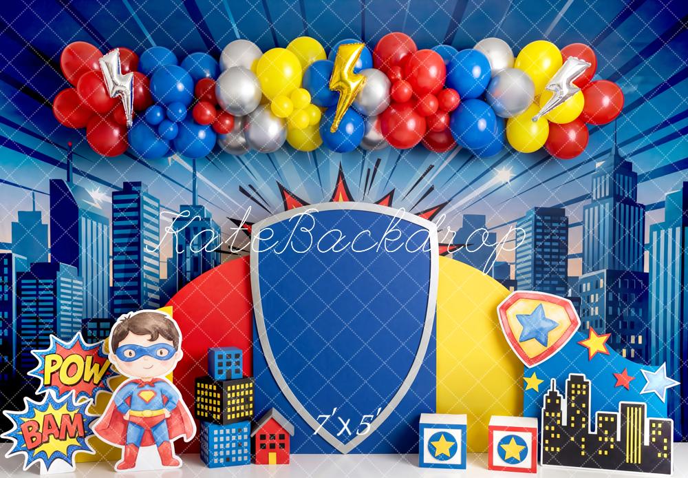 Kate Superhero Cityscape Shield Balloons Comic Backdrop Designed by Patty Robert