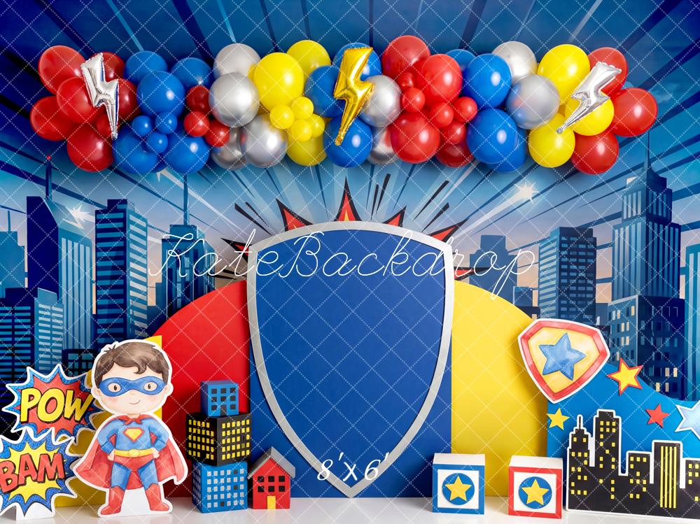 Kate Superhero Cityscape Shield Balloons Comic Backdrop Designed by Patty Robert - Image 3