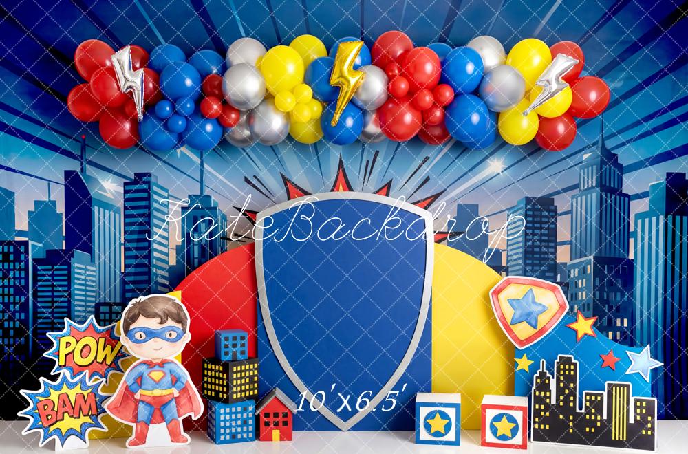 Kate Superhero Cityscape Shield Balloons Comic Backdrop Designed by Patty Robert - Image 4