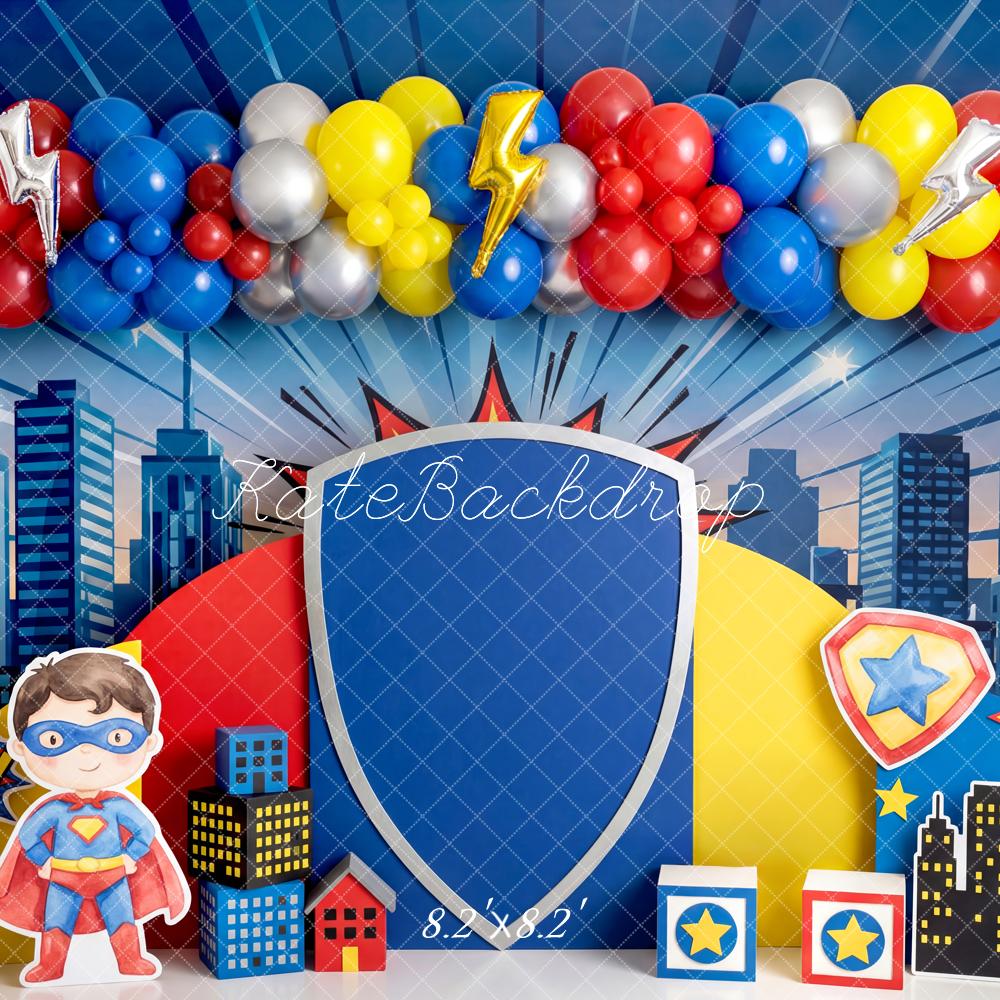 Kate Superhero Cityscape Shield Balloons Comic Backdrop Designed by Patty Robert - Image 5