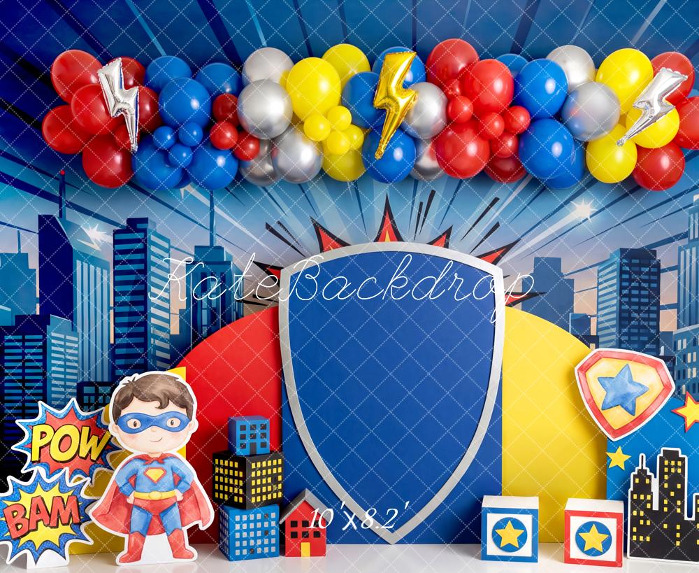 Kate Superhero Cityscape Shield Balloons Comic Backdrop Designed by Patty Robert - Image 6