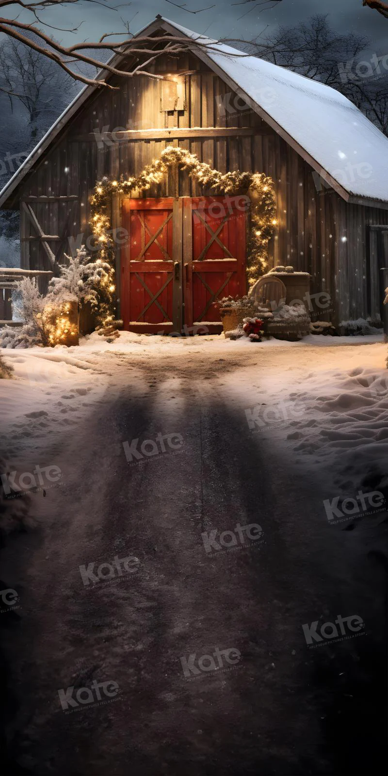 Kate Sweep Christmas Red Barn Night Backdrop for Photography - Image 2