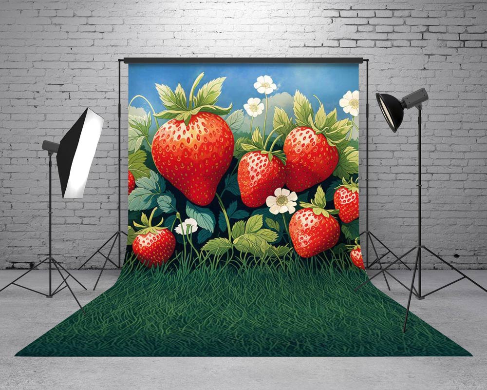 Kate Sweep Summer Strawberry Field Grass Backdrop Designed by Emetselch - Image 2