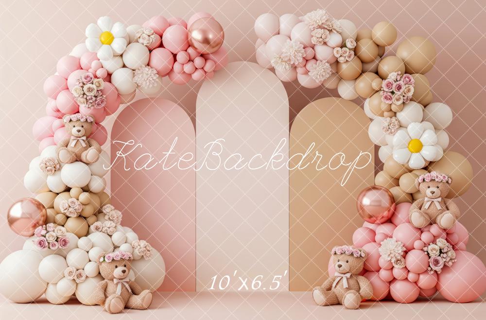 Kate Teddy Bear Balloon Arch Pink Fleece Backdrop Designed by Patty Robert - Image 2