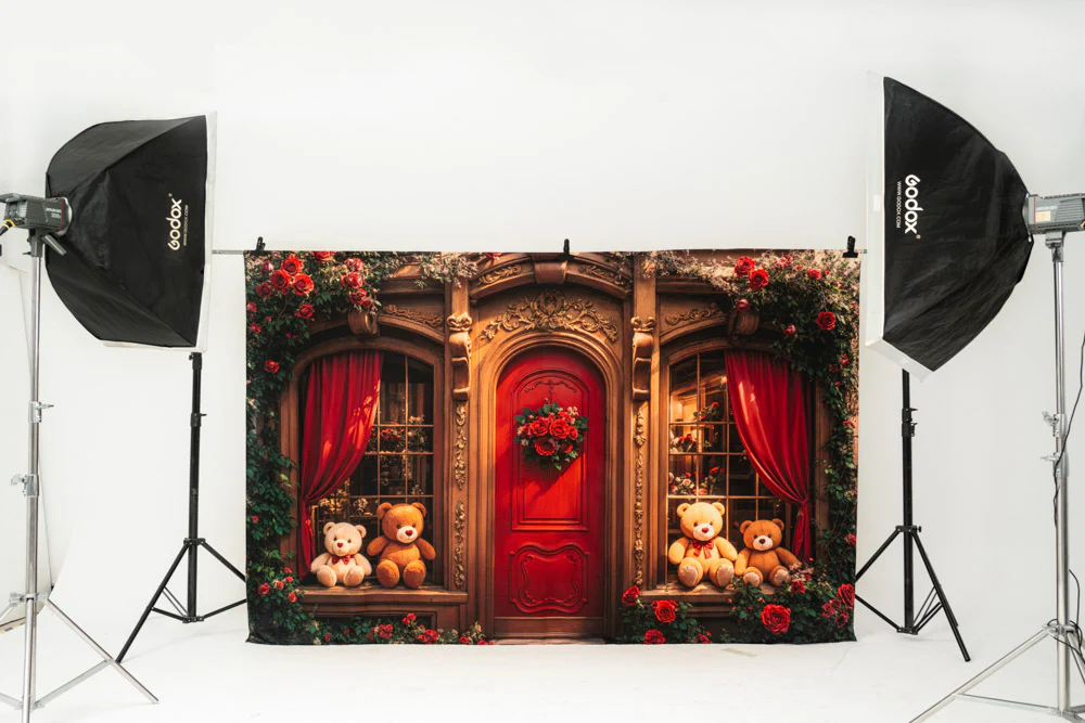 Kate Teddy Bear Retro Roses Door Backdrop Designed by Emetselch - Image 3