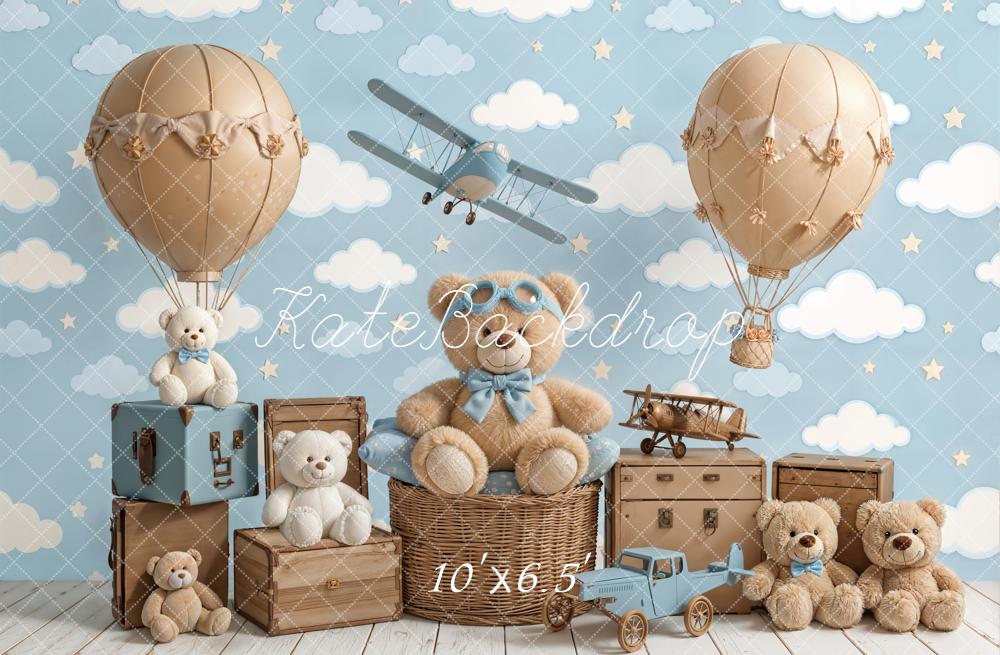 Kate Teddy Bears Hot Air Balloons Aeroplane Clouds Fleece Backdrop Designed by Chain Photography - Image 2