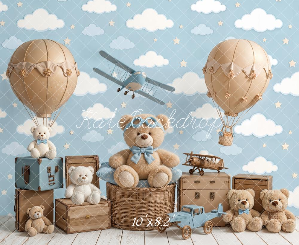 Kate Teddy Bears Hot Air Balloons Aeroplane Clouds Fleece Backdrop Designed by Chain Photography - Image 3