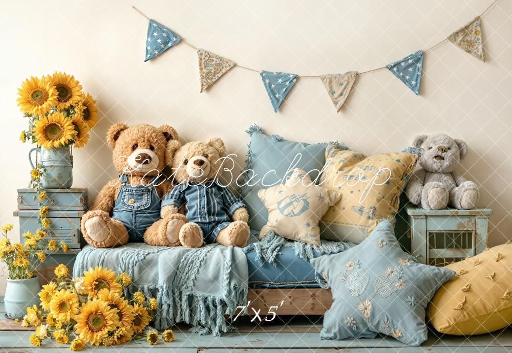Kate Teddy Bears Sunflowers Blue Cushions Backdrop Designed by Emetselch