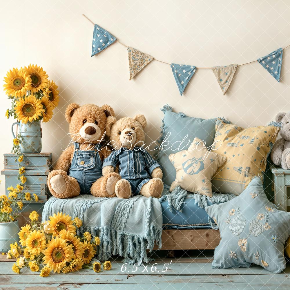 Kate Teddy Bears Sunflowers Blue Cushions Backdrop Designed by Emetselch - Image 2