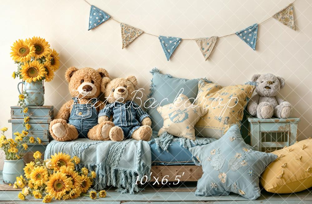Kate Teddy Bears Sunflowers Blue Cushions Backdrop Designed by Emetselch - Image 4