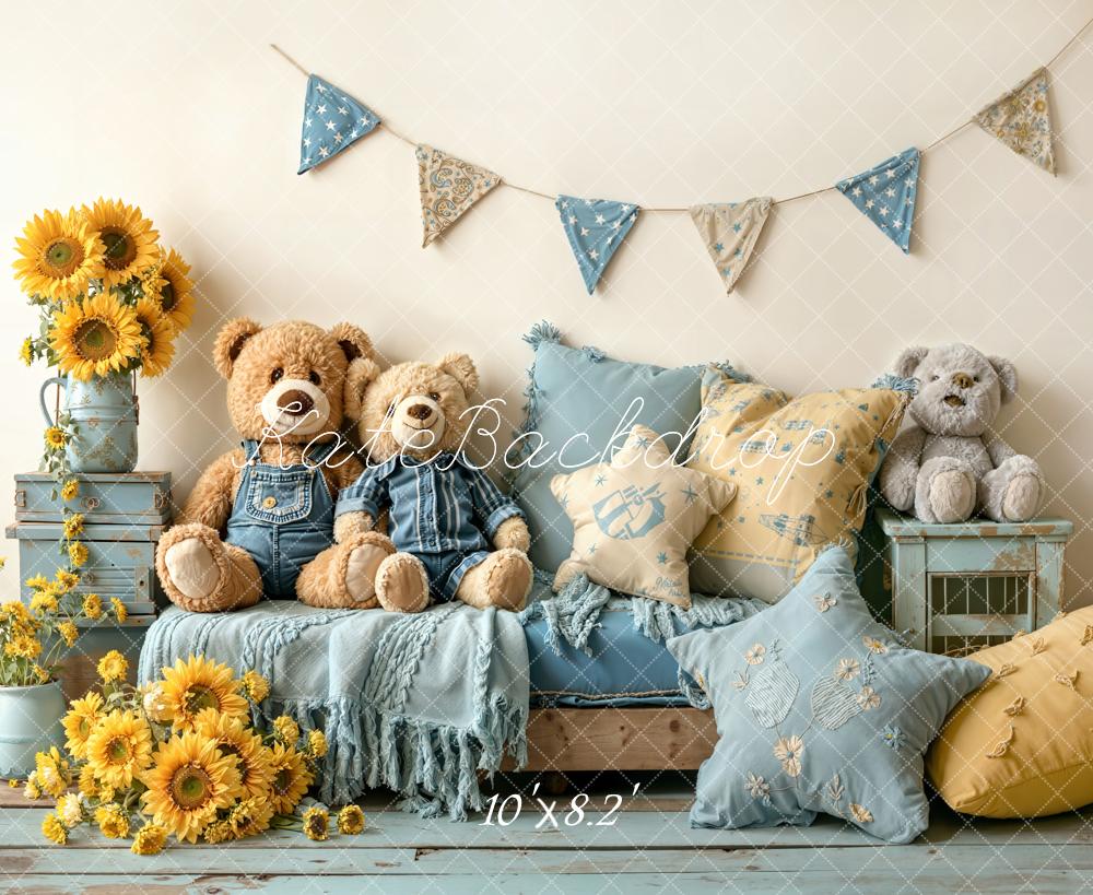 Kate Teddy Bears Sunflowers Blue Cushions Backdrop Designed by Emetselch - Image 6