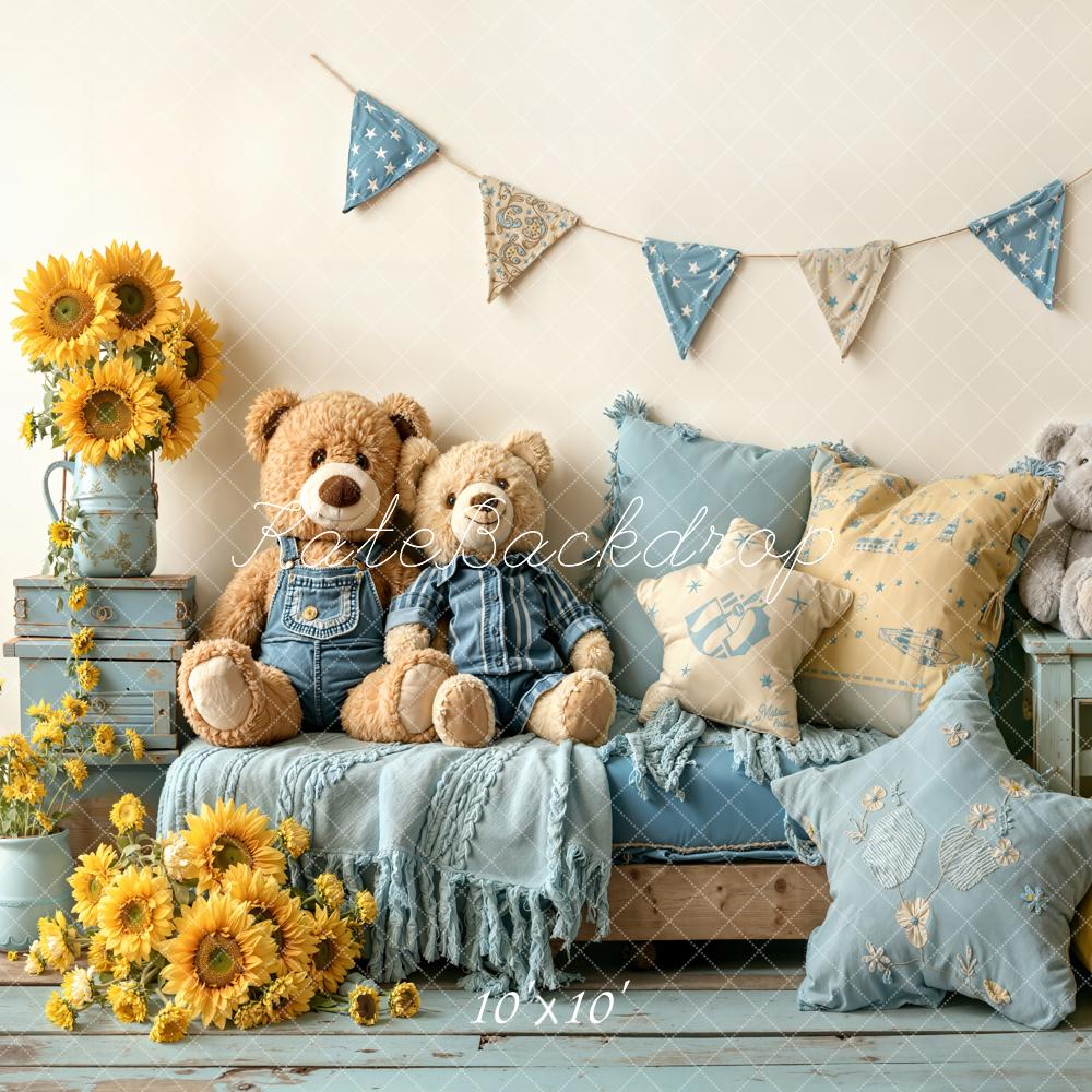 Kate Teddy Bears Sunflowers Blue Cushions Backdrop Designed by Emetselch - Image 7