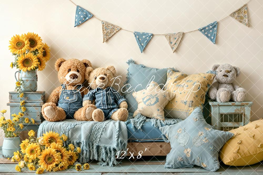 Kate Teddy Bears Sunflowers Blue Cushions Backdrop Designed by Emetselch - Image 8