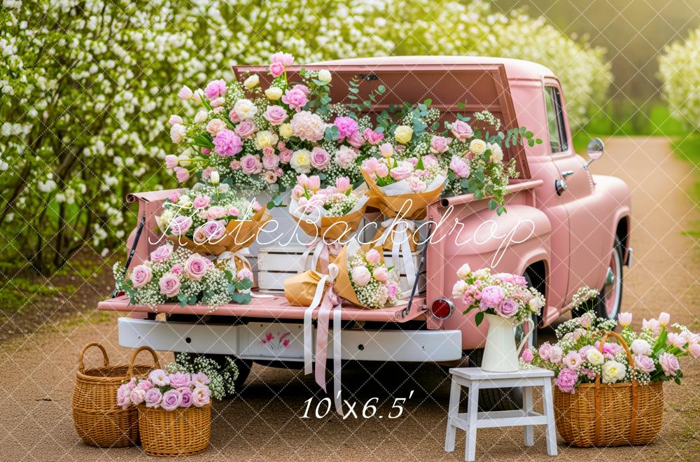 Kate Truck Pink Flowers Baskets Fleece Backdrop Designed by Patty Robert - Image 2